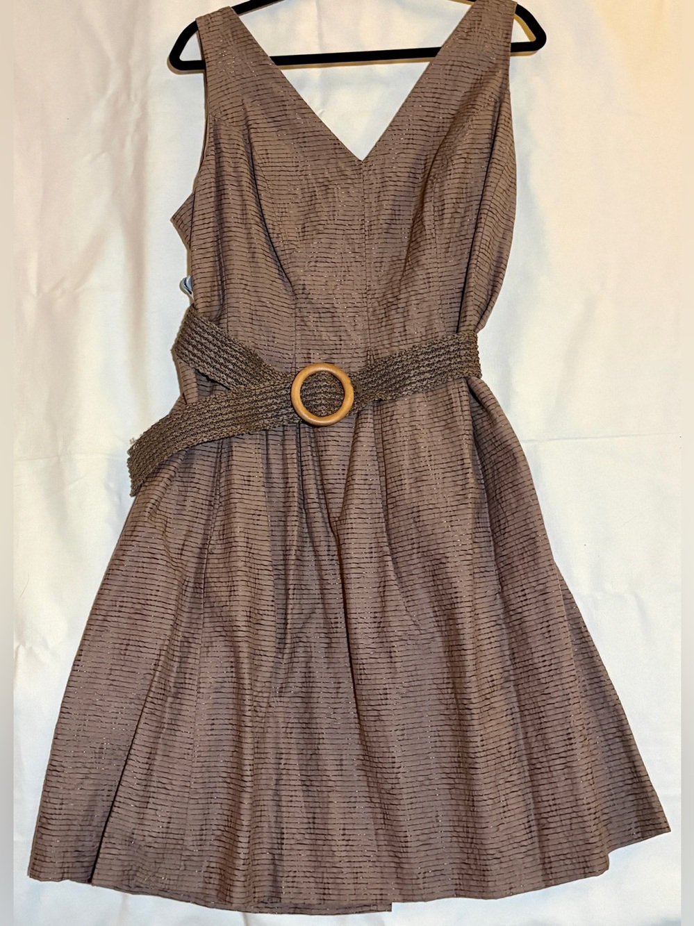 Nine West Metallic Bronze Textured Belted Fit & Flare Dress Plus Size 16